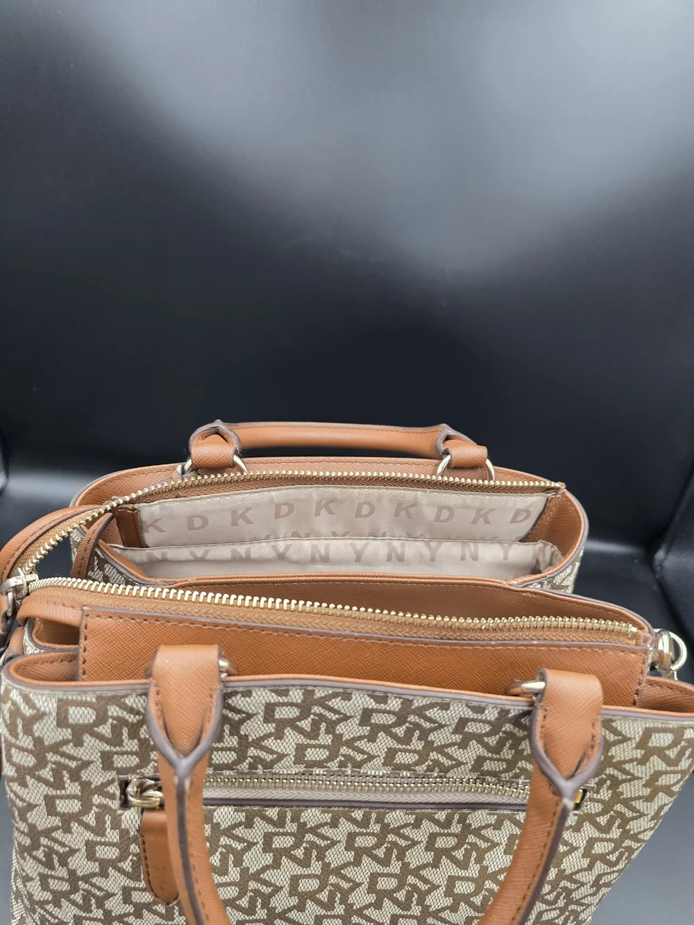 Dkny Beige and Tan Logo Satchel